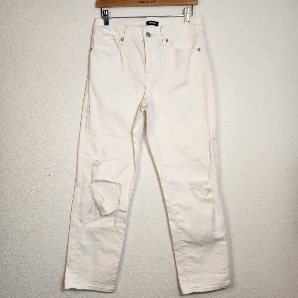 Express White Mid-Rise Boyfriend Jeans with Distressing, Size 4R